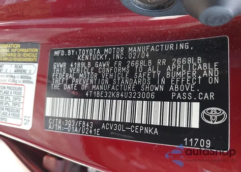 2004 Toyota Camry Le из США, поврежденный, VIN 4T1BE32K84U323006